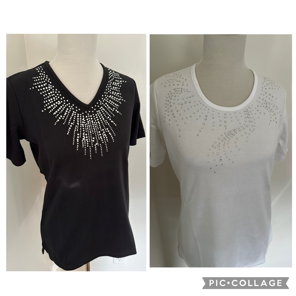 Quacker Factory Set of 2 Black and White Rhinestone Tees Sz XS QVC New